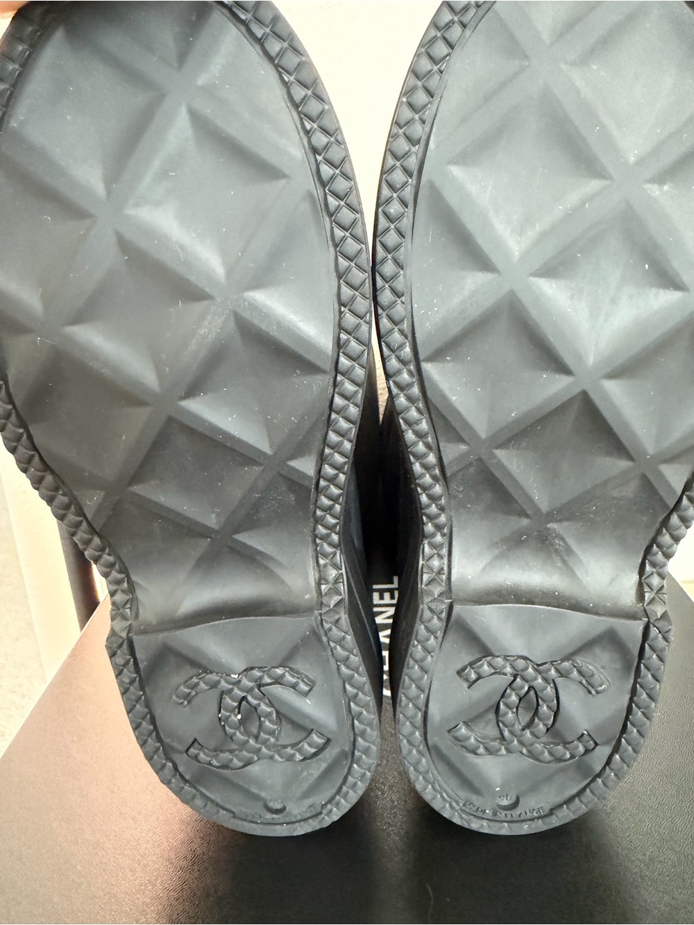 CHANEL Black Knee-High Rubber Boots with White CC Emblem - Picture 5 of 9